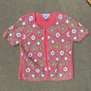 Vintage 90s Coral Pink White Floral Crochet Short Sleeve Cardigan Blouse MEDIUM